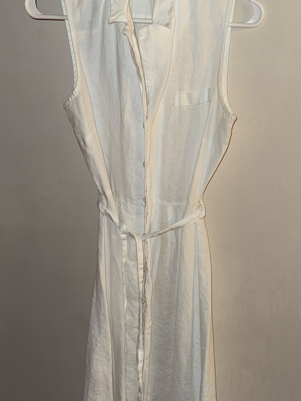 Sleeveless Linen White Button-Front Shirt Dress with Tie Waist